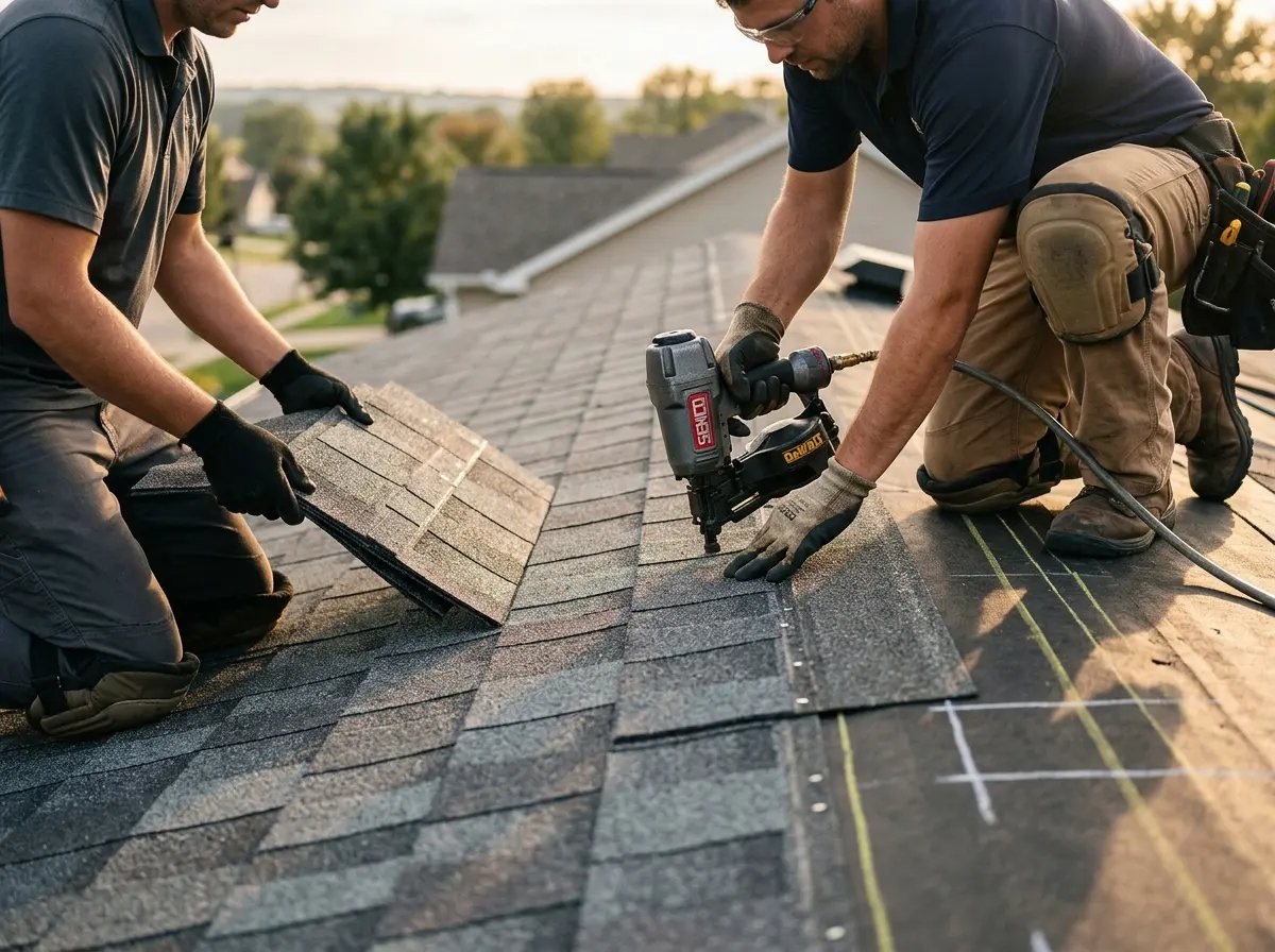 Professional roofer working on a residential roof in Natchez